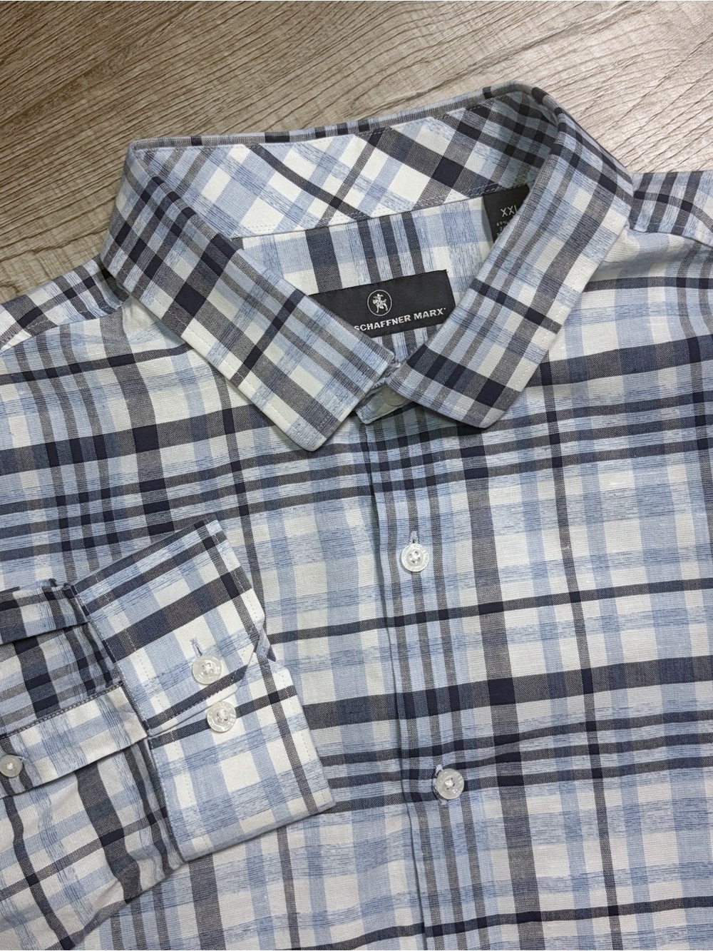 Hart Schaffner Marx Long Sleeve Button Up Shirt Size XXL Blue Plaid Linen Blend